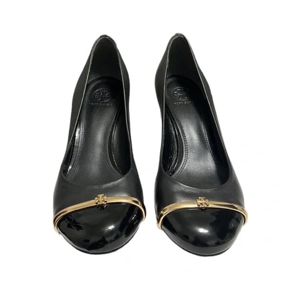 Tory Burch Black Wedges with Gold Detail - Picture 1 of 8